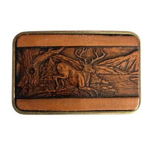 Century Canada Brown Leather Belt Buckle - Deer/Buck Vintage Tooled Stamped
